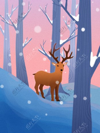 冬雪林中静眺鹿插画
