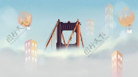 插画桥虚幻的世界高楼大厦梦幻场景建筑插图