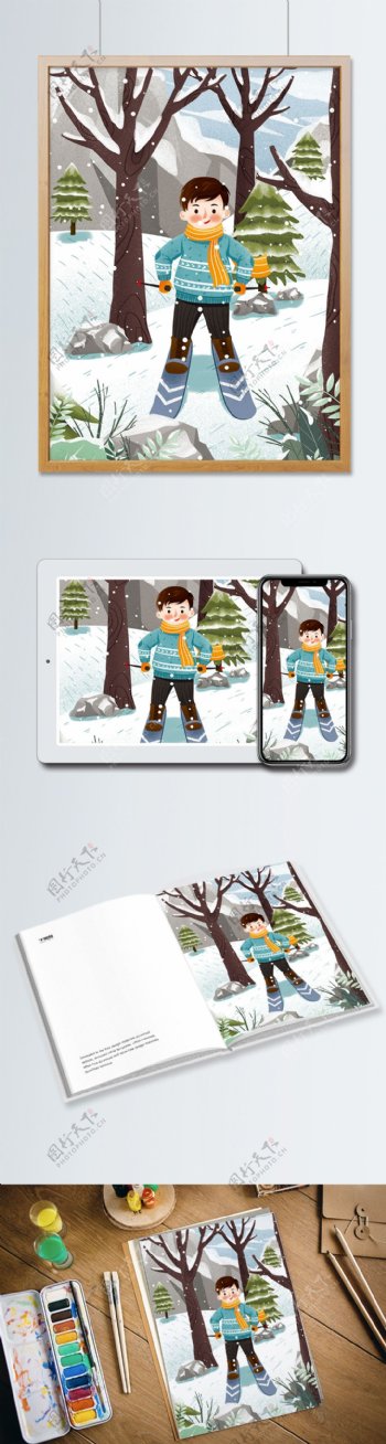 冬季男孩雪中滑雪冬天雪景插画