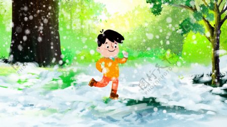 唯美清新冬季雪景创意冬日私语男孩滑雪插画
