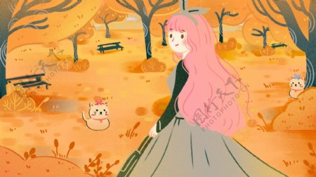 你好秋天在树林里散步的小女孩猫咪黄色树叶