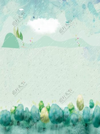 手绘绿色卡通谷雨背景