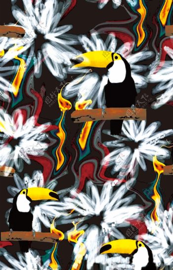 清新大嘴鸟唯美涂鸦花卉图案设计