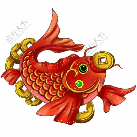商用手绘新年喜庆中国风动物铜钱鲤鱼元素1
