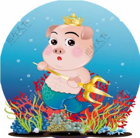 手绘卡通小猪美人鱼珊瑚皇冠海底世界元素