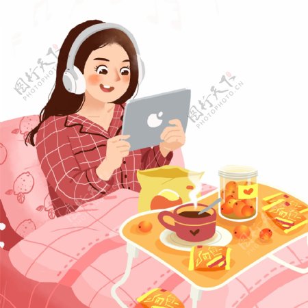 温馨手绘在床上看电视吃饭的女孩儿