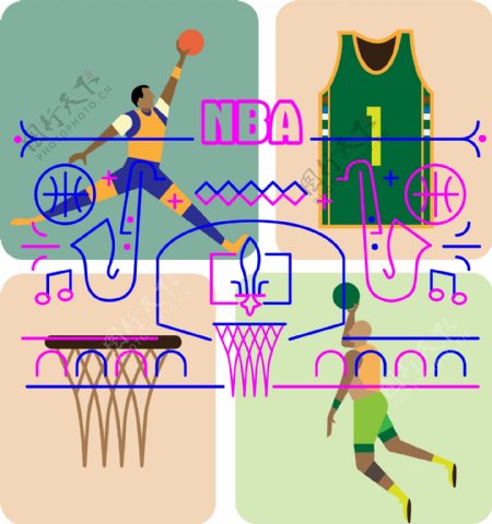 NBA蓝紫色系线性图矢量插画设计