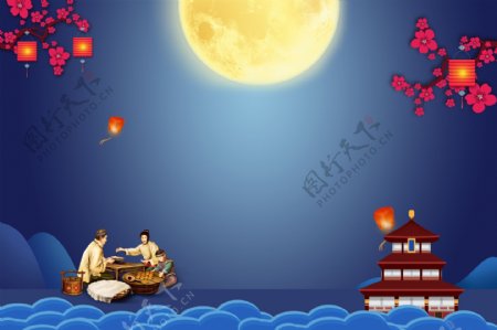 深蓝金秋月亮中秋节背景素材