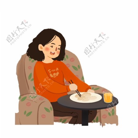 复古手绘一个吃饺子的女孩