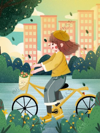 绿色出行自行车的女孩低碳环保自然公益海报