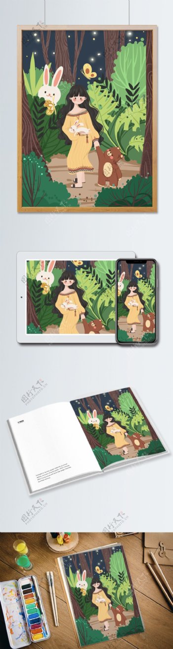 惊蛰小女孩在森林牵着小熊可爱温馨插画