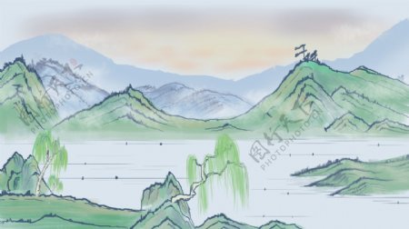 清新彩绘春季山水风景背景设计
