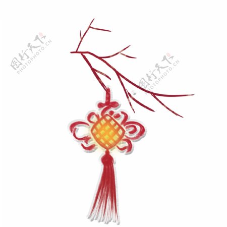红色新年花枝中国结透明素材