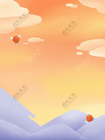手绘彩色远山柿子背景设计