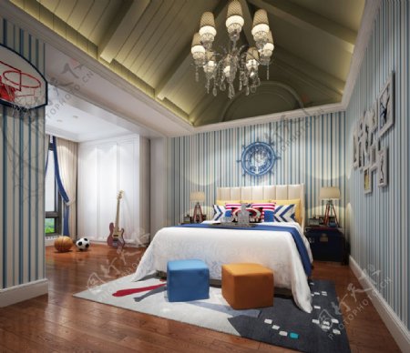 地中海风格卧室儿童房效果图3D