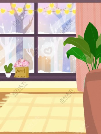 彩绘冬季温馨家居盆栽背景设计