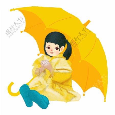 打伞的黄衣少女png元素