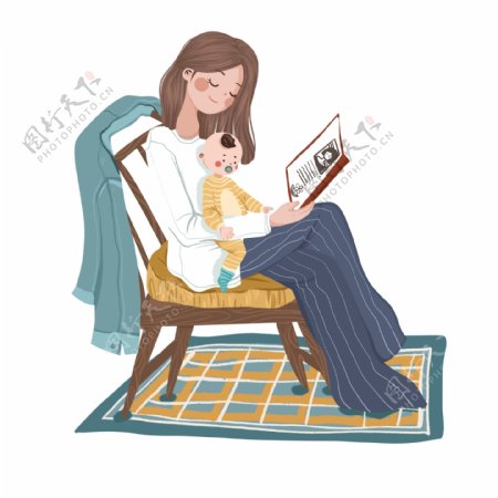 复古手绘和宝宝一起看书的宝妈