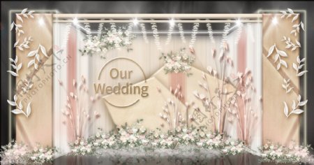 复式空间纱幔板材植物雕塑组合婚礼效果图