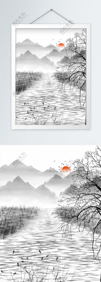新中式河川山水黑白客厅装饰画