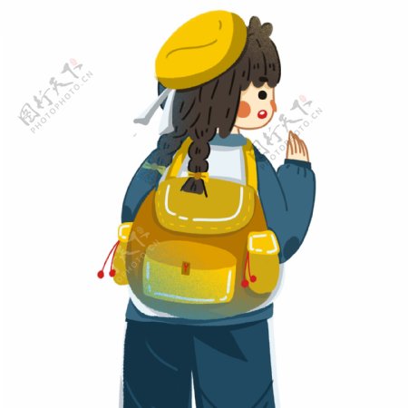 卡通可爱背着书包上学的女孩