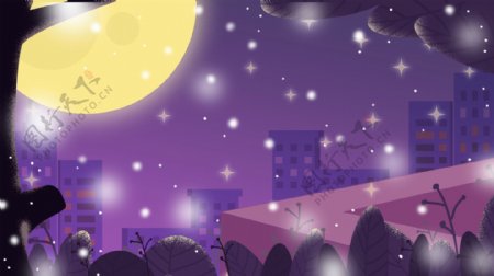 彩绘紫色星空圆月晚安背景设计