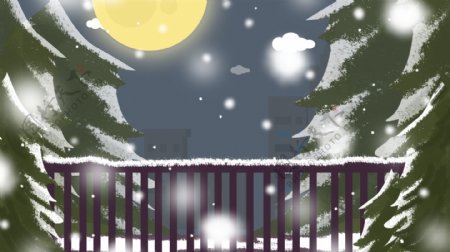 手绘冬季圆月雪景背景设计