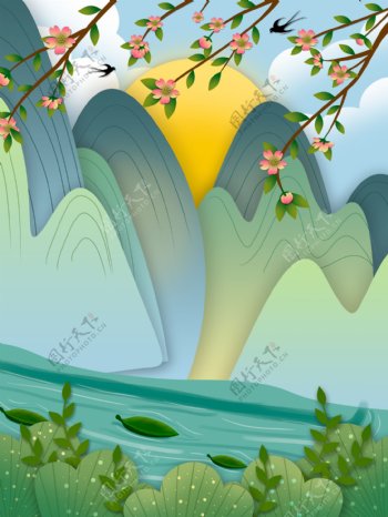 彩绘春季山峰湖面背景设计