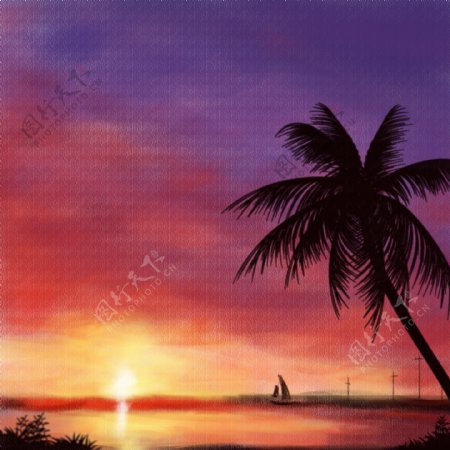 原创手绘海岛椰树傍晚直通车背景