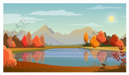 秋季原野湖泊插画