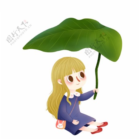 卡通可爱拿着树叶伞的女孩子