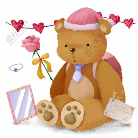手绘可爱泰迪熊玫瑰花明信片送女孩礼物
