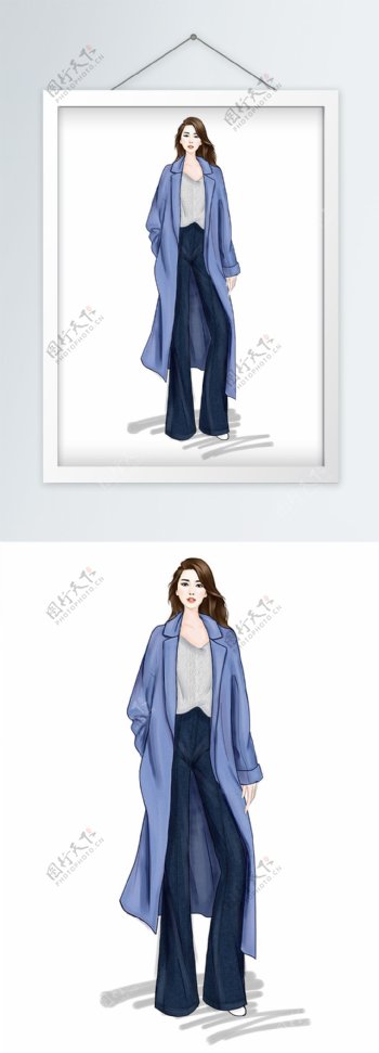 时装画服装设计蓝色大衣