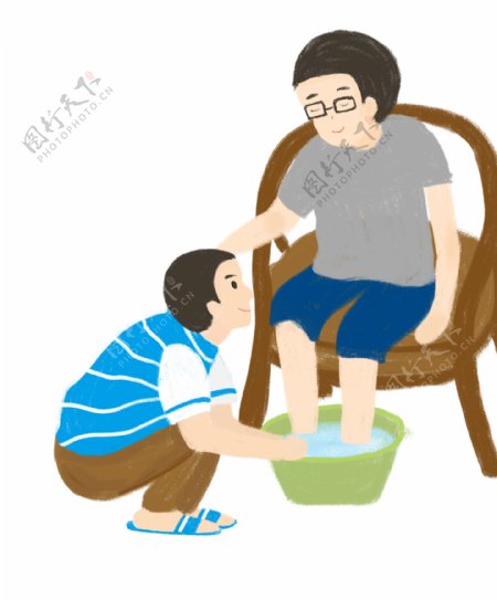 卡通手绘父亲节帮父亲洗脚插画