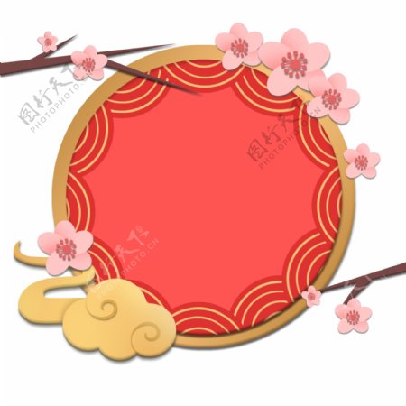 新年红色新中式风格祥云和樱花边框