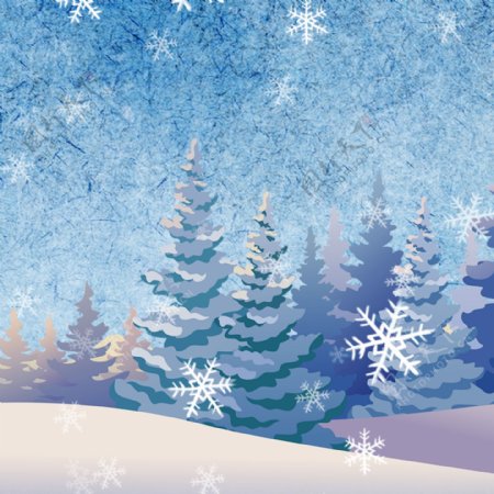 蓝色冬季雪景雪花树木背景素材