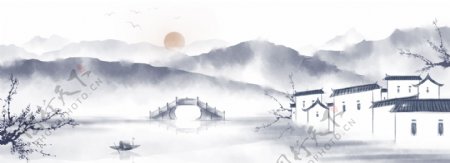 复古中国风徽派建筑水墨风景
