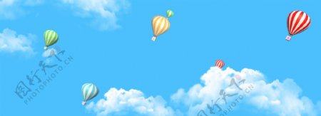 母婴卡通热气球蓝天白云背景