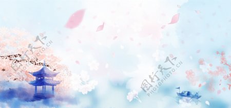 动漫樱花节渲染中国风蓝色banner