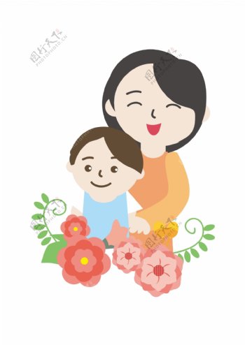 母亲节促销矢量母子花朵母亲和孩子卡通形象