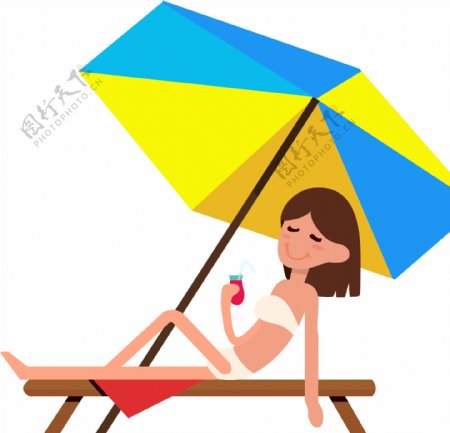 矢量夏日海边在遮阳伞里面穿比基尼的美女