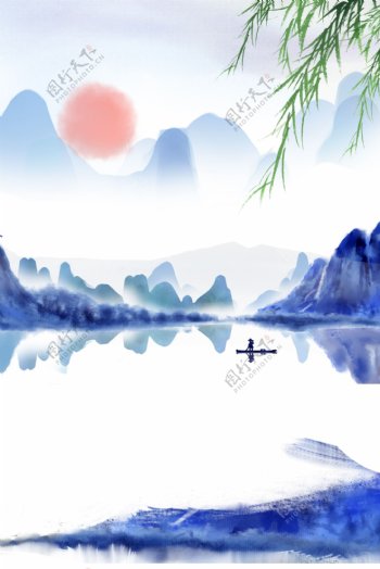 手绘彩色中国风山水海报背景