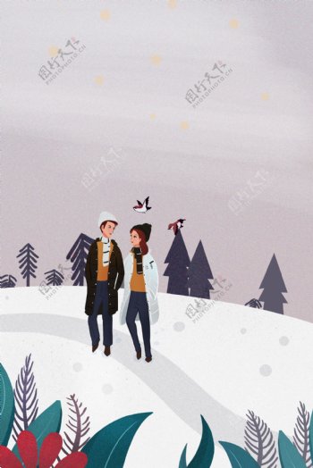 冬日情侣出行野外散步海报