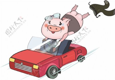 交通主题猪猪开汽车卡通手绘