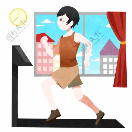 健身房跑步机跑步的男孩插画