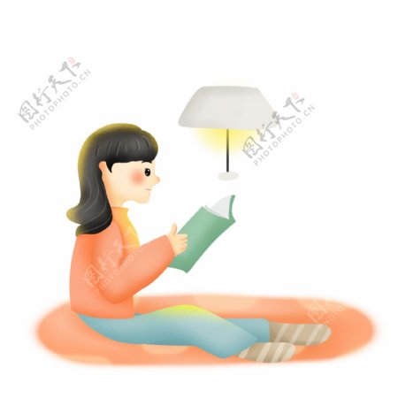 坐在台灯下读书的女孩