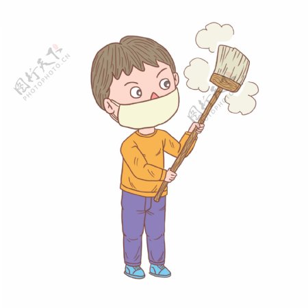 卡通手绘人物打扫卫生男孩