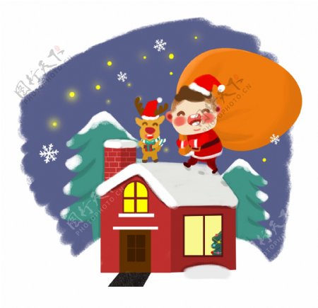 圣诞节卡通手绘Q版送礼物的圣诞小男孩和驯鹿