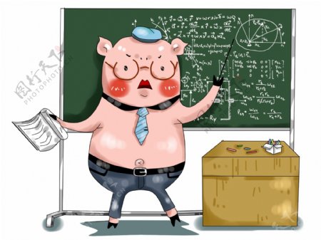卡通手绘厚涂创意教学猪猪课堂插画PNG