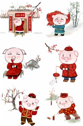 水墨中国风小猪的年味儿系列套图